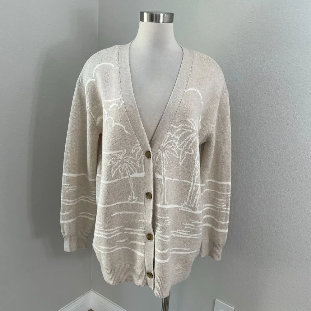 Lands End Womens Medium Beige‎ Cardigan Palm Tree Cotton Button Up Sweater